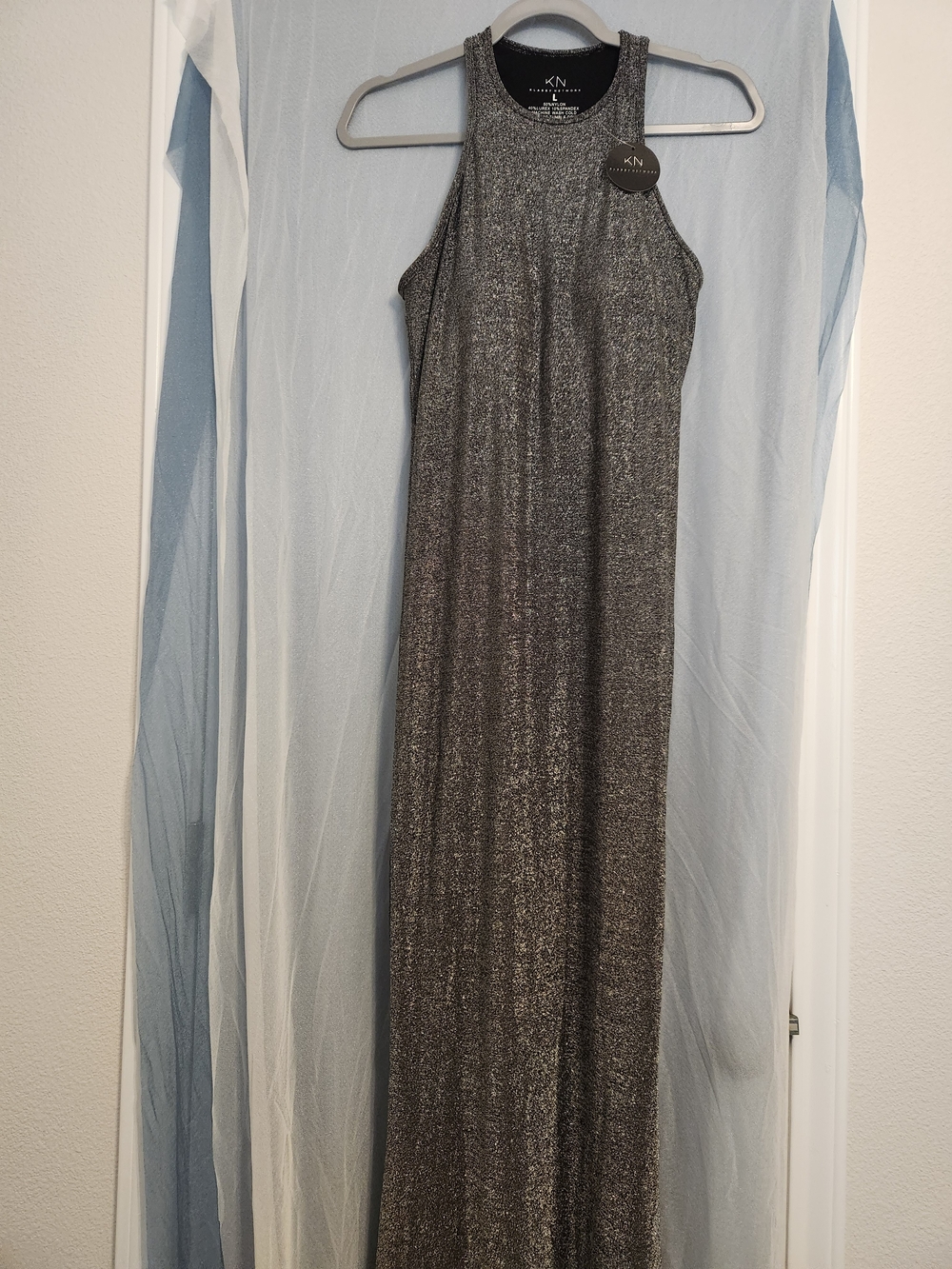 Klassy Network Silver Metallic Halter Maxi Dress